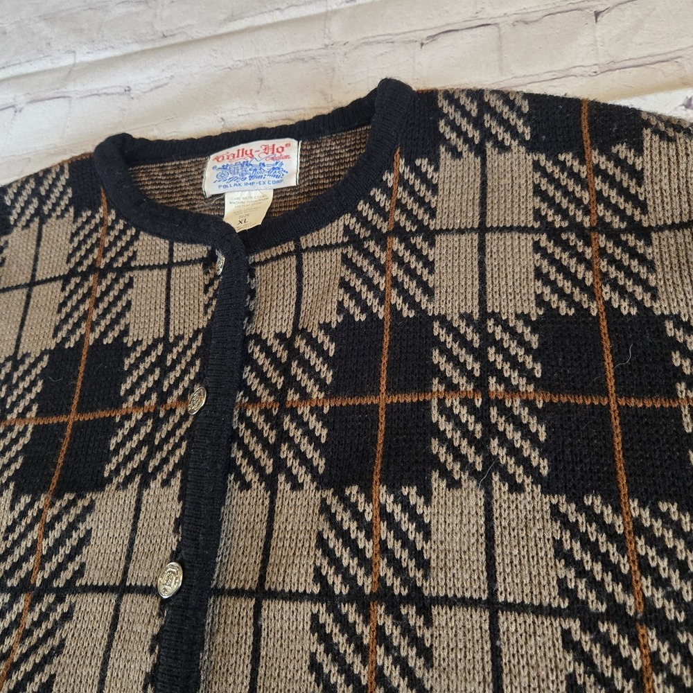 Tally Ho Vtg 90s Pollak Nova Check Plaid Cardigan XL Academia Preppy Old Money - Picture 4 of 6